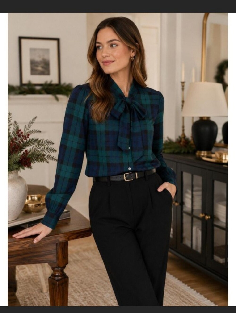 J. Crew Green & Navy Plaid Bow-Tie Blouse